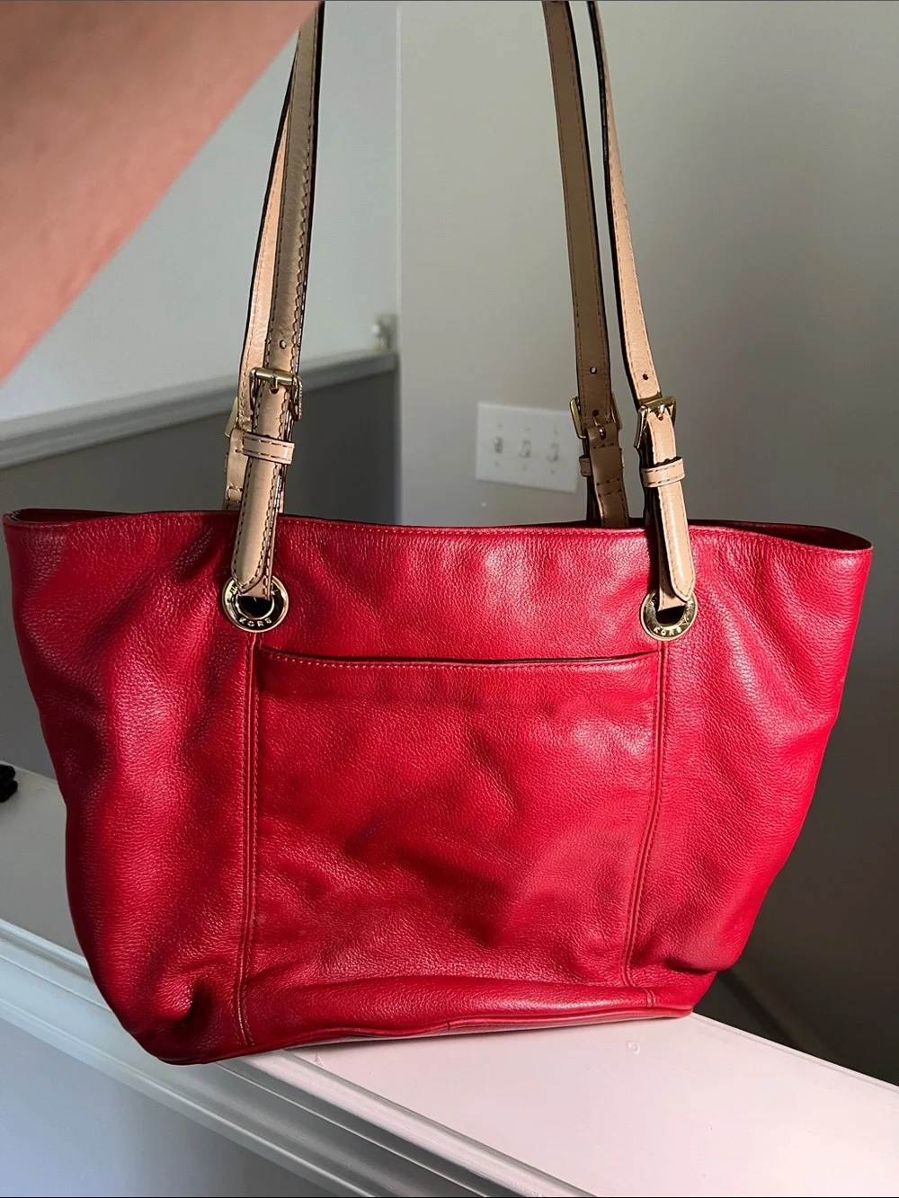 Michael Kors Red Leather Tote with Tan Handles and Gold MK Charm